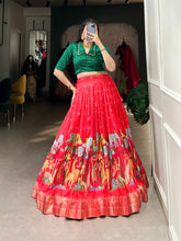 Red Color Kalamkari Print With Zari Weaving Border Dola Silk Co-ord Set Lehenga Choli